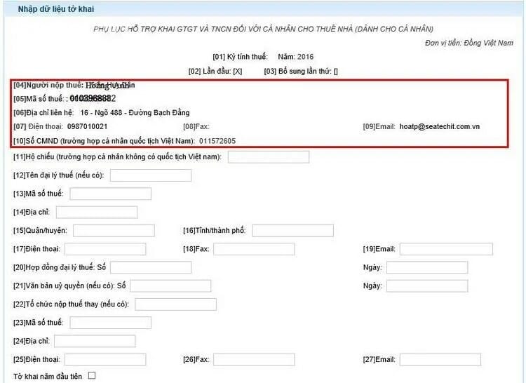kê khai thuế qua mạng cho thuê nhà